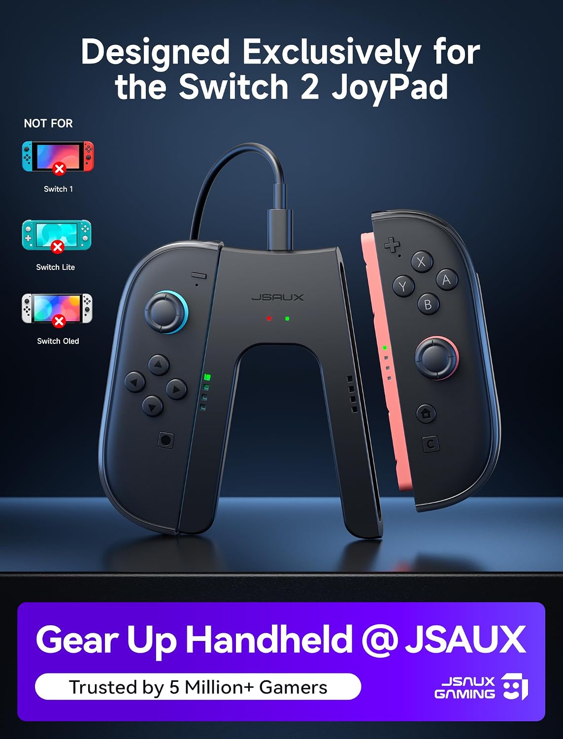 Detalle de JSAUX ergonomischer Switch 2 Ladegriff mit Magnet-Snap-on, LED-Anzeige und 1,5-m-Kabel – für Laden beim Spielen