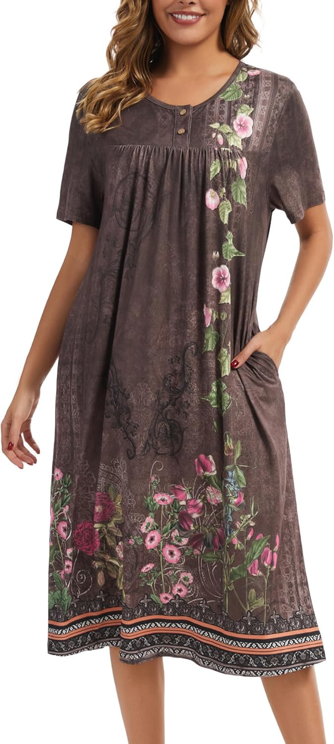 Detalle de Lerliacr Women's Floral Nightgown – Loose Fit Sleep Dress with Pockets