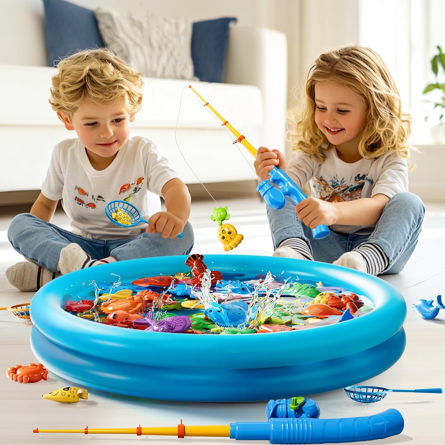 Detalle 2 de Magnetic Fishing Pool Toys Game for Kids (Ages 3–8) – Inflatable Water Table Bath Toy with Magnetic Rods, Nets & 44 Fish