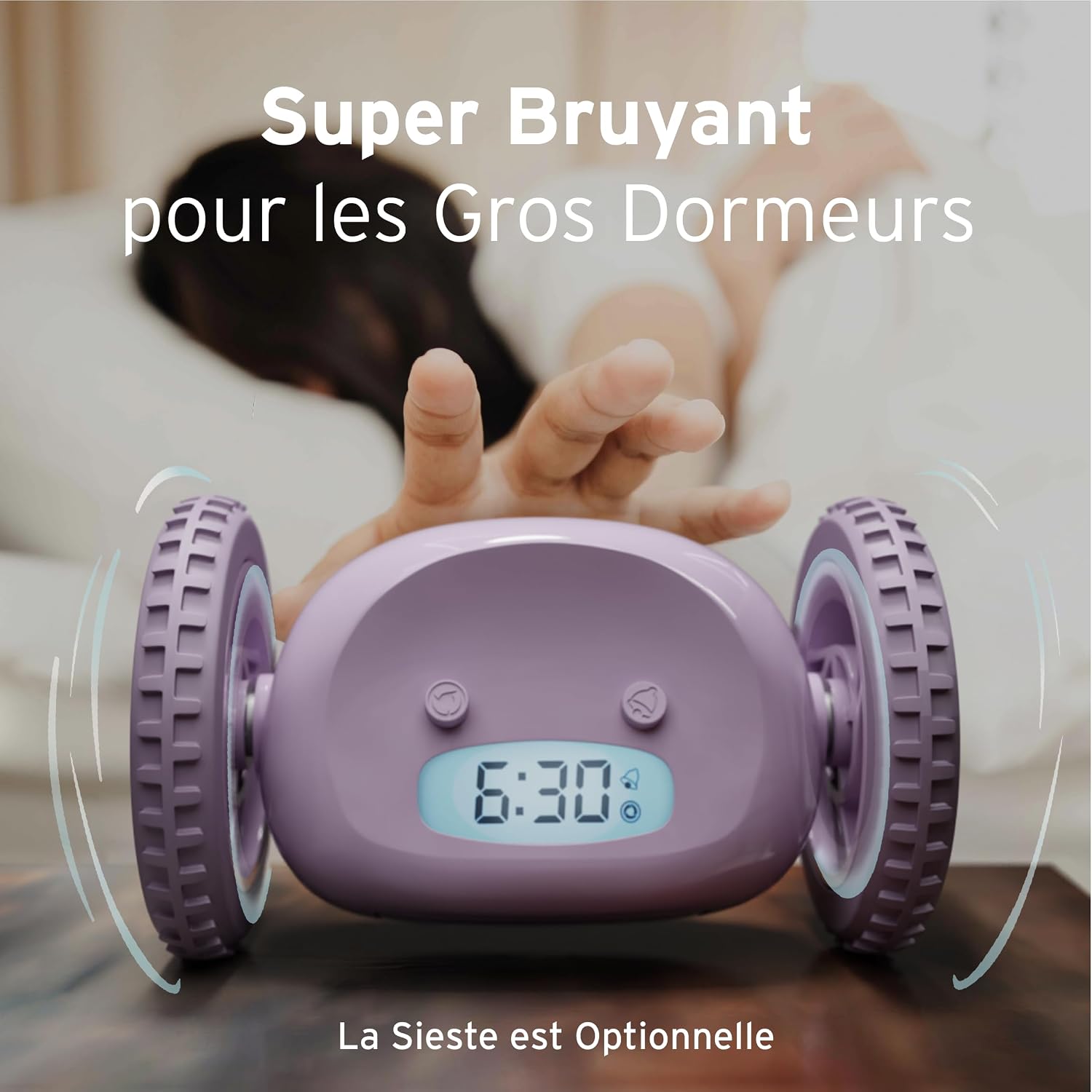 Detalle 2 de Clocky Réveil matin à roulettes “Roulant Forte Sonnerie” (lavande) — réveil puissant pour gros dormeurs