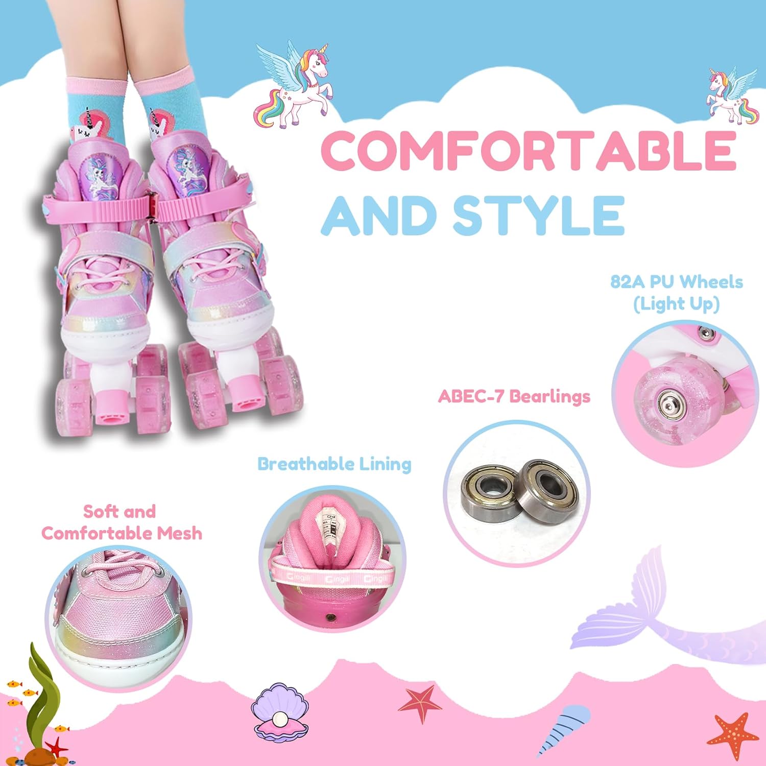 Thumbnail 3 de Girls Roller Skates for Kids Ages 3-12 Adjustable Light-Up Glowing Wheels