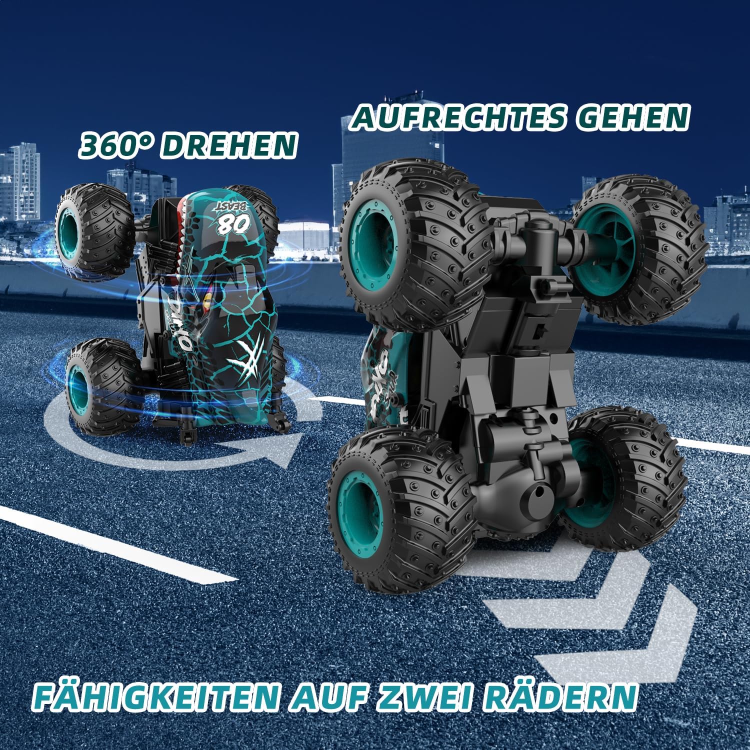 Detalle 2 de Ferngesteuertes 2,4GHz Monstertruck Auto (1:20) mit Dinosaurier-Optik, LED-Licht & Musik – ca. 20 km/h