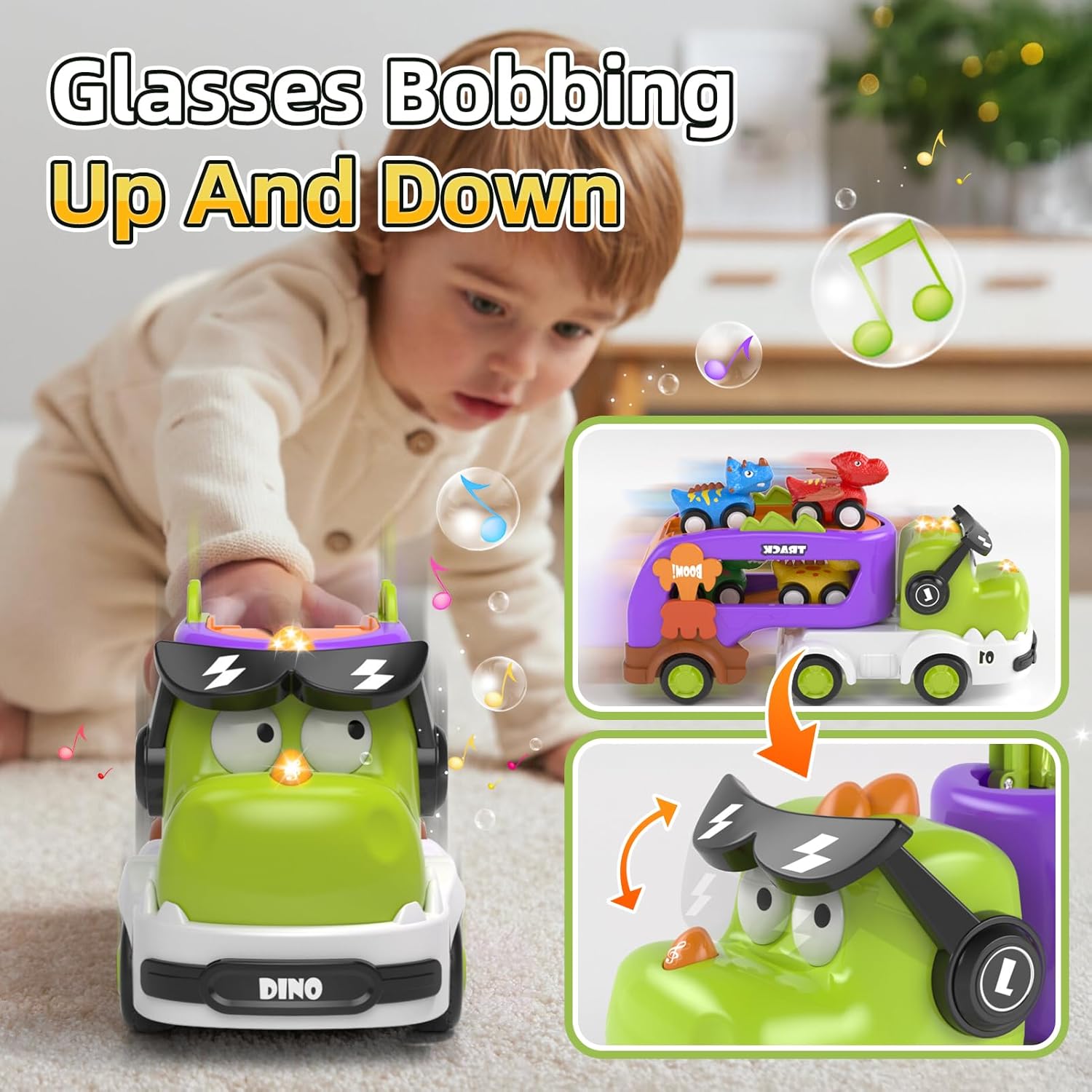 Thumbnail 3 de Usrela 5-in-1 Dinosaur Truck Toy with Sound, Lights & 4 Pull-Back Cars (for ages 2–4)