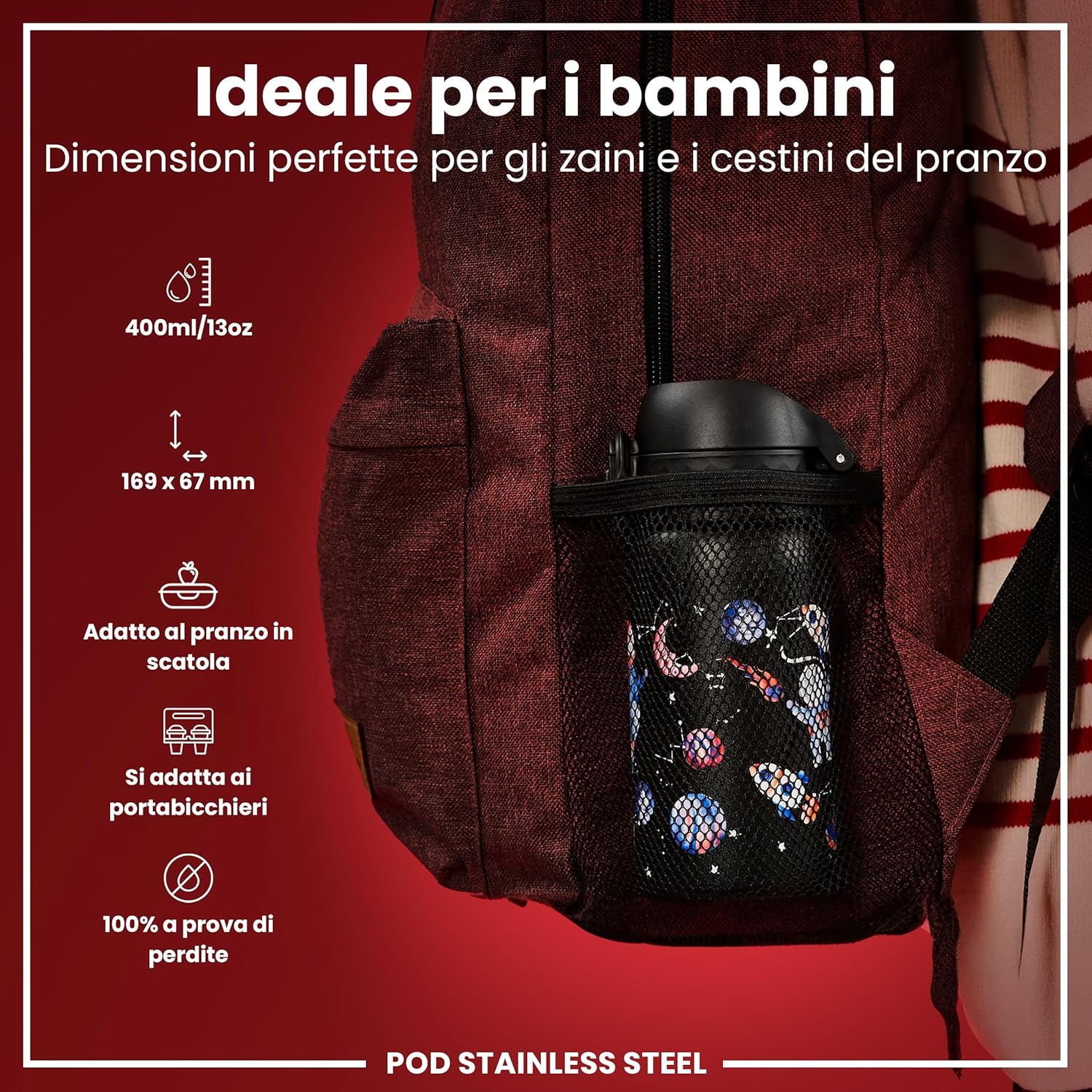 Detalle de ION8 Borraccia Inox Leggero per Bambini 400ml – non isolata, a prova di perdite, lavabile in lavastoviglie