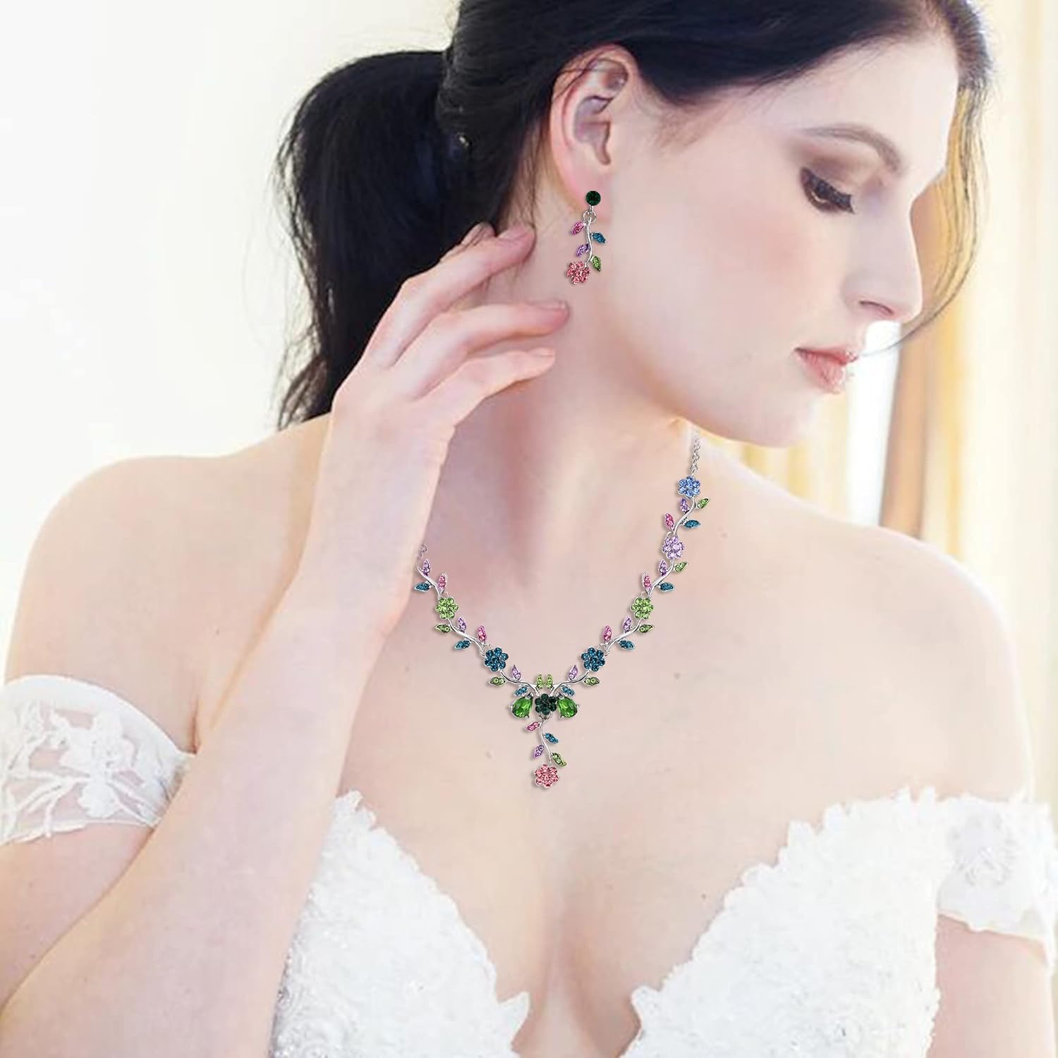 Thumbnail 1 de Clearine Donna Set gioielli matrimonio con foglia, cluster e cristalli: collana con ciondolo e orecchini pendenti