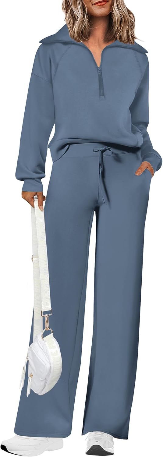 Detalle de PRETTYGARDEN Women’s 2-Piece Casual Tracksuit Set (Half-Zip Sweatshirt + Wide-Leg Pants)