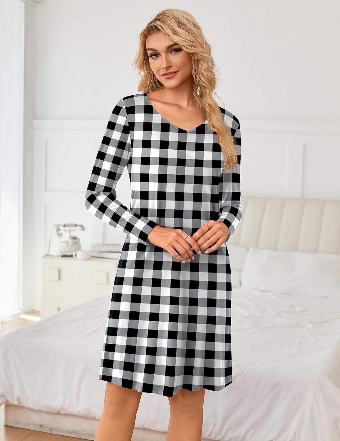 Detalle 1 de Ekouaer 3-Pack Women's Long-Sleeve Nightgowns, Soft Stretch Sleep Shirts