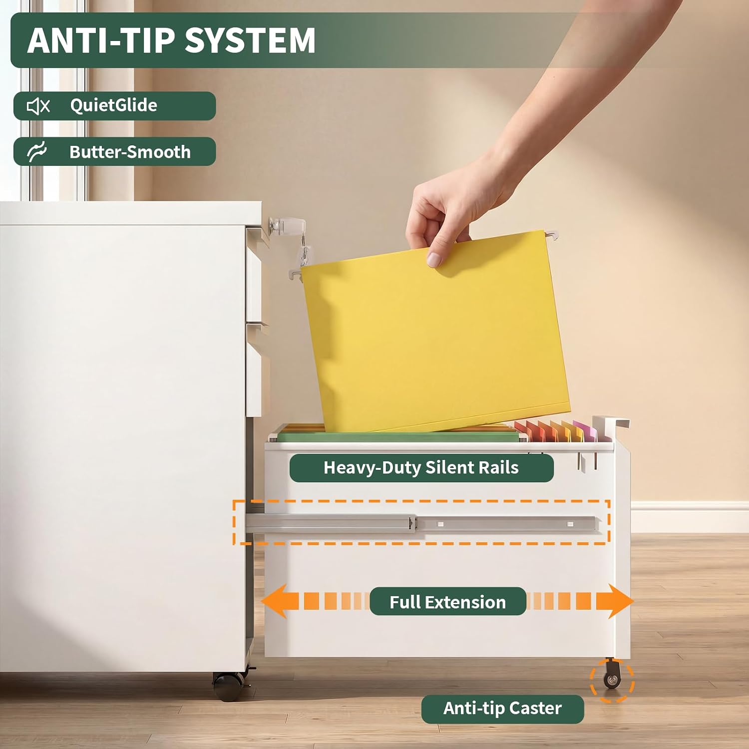 Detalle de TEEALUBAN yr032 3-Drawer White Rolling File Cabinet with Lock