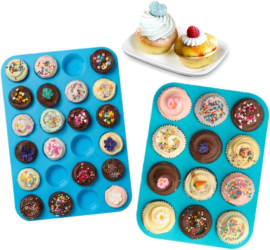 Detalle de Bangp 2-Pack Silicone Muffin Pan Set – 12 Regular + 24 Mini, BPA Free, Non‑Stick, with Spatula & Oil Brush