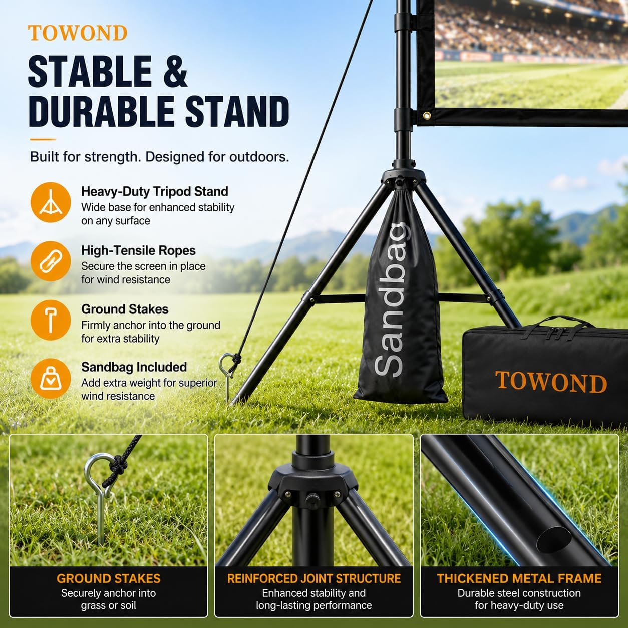 Detalle 2 de TOWOND Outdoor Projector Screen with Stand, 120-inch Portable 16:9 (Double-Sided) Foldable Projection Screen
