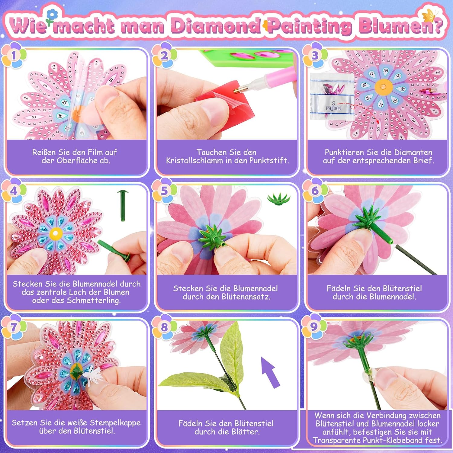Thumbnail 4 de Blumen Basteln Mädchen Diamond Painting Set (Blumenstrauß) – Bastelkoffer mit Diamanten und Zubehör