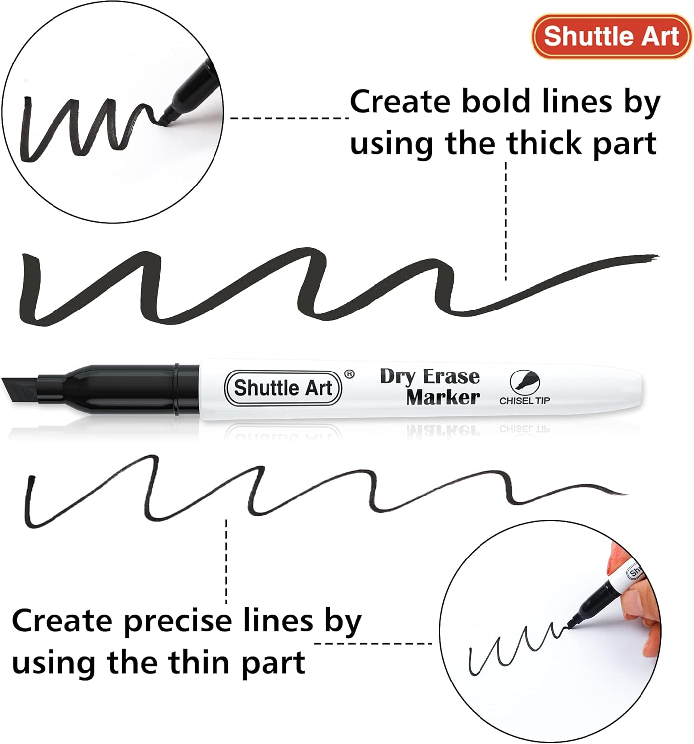 Detalle 2 de Shuttle Art 120 Pack Black Chisel Tip Whiteboard Pens with 2 Erasers