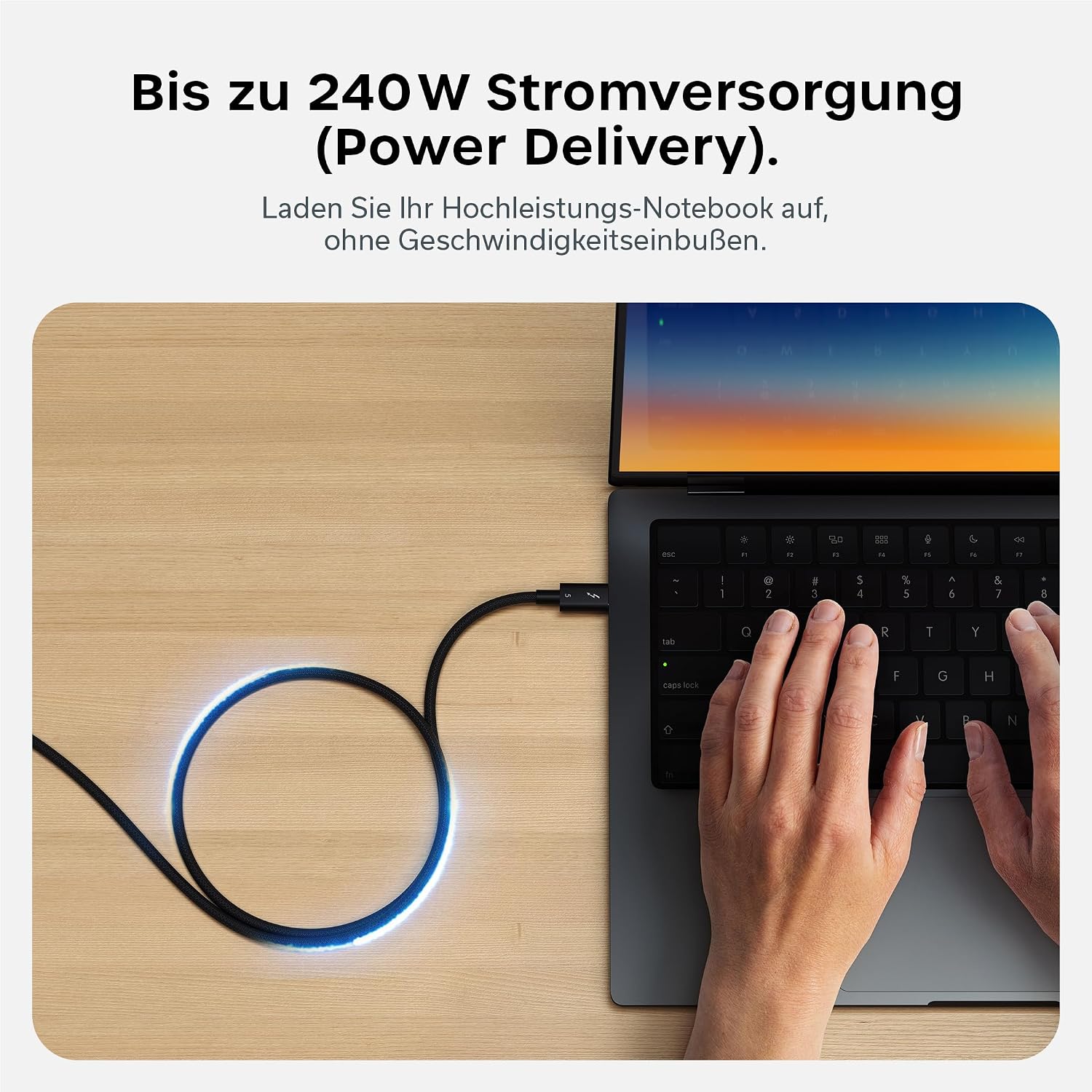 Detalle 2 de SATECHI zertifiziertes Thunderbolt-5 Kabel (240W PD) – 120 Gb/s, Dual 8K/60 Hz & Triple 4K/144 Hz