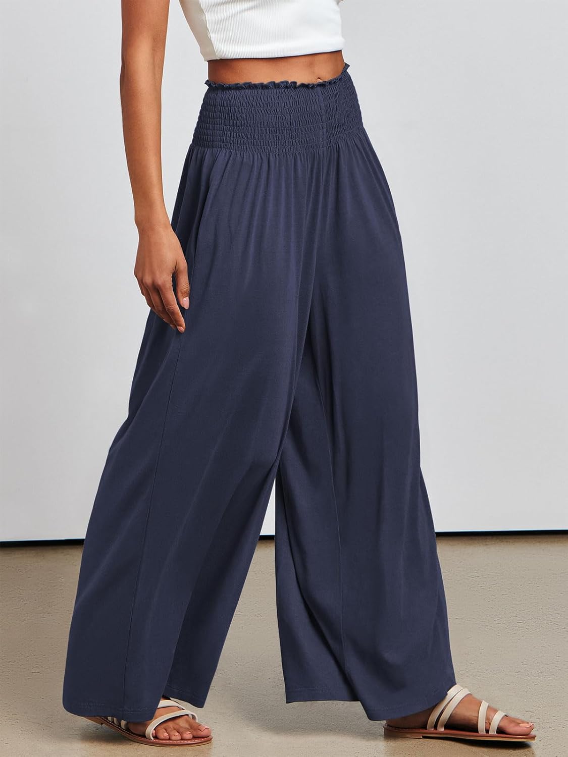 Detalle 2 de ANRABESS Women Palazzo Pants: Smocked High-Waist, Wide-Leg Lounge Pant with Pockets