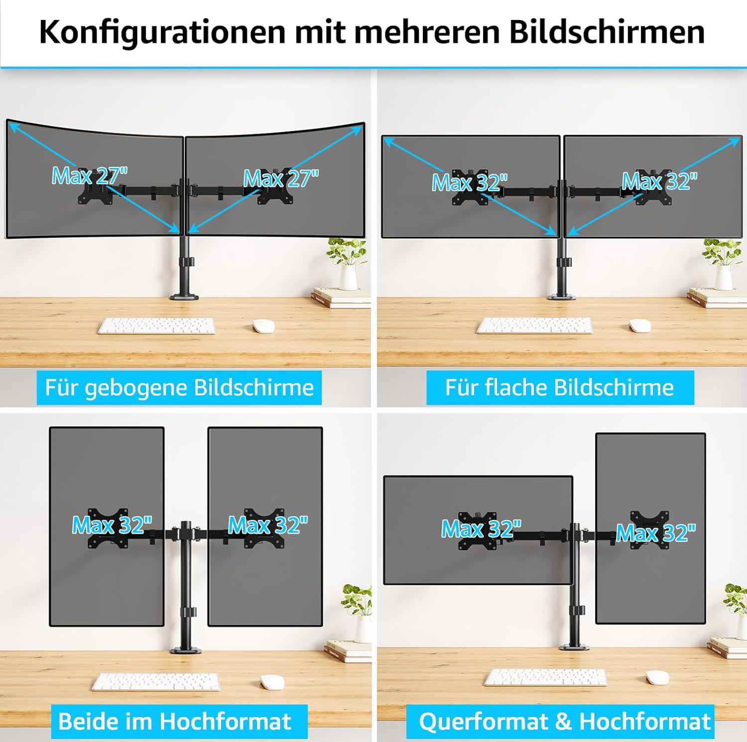 Detalle 2 de MOUNTUP Monitor-Halterung Dual Arm EU0002 für 13–32" (flach & curved), VESA 75/100, bis 8 kg pro Arm
