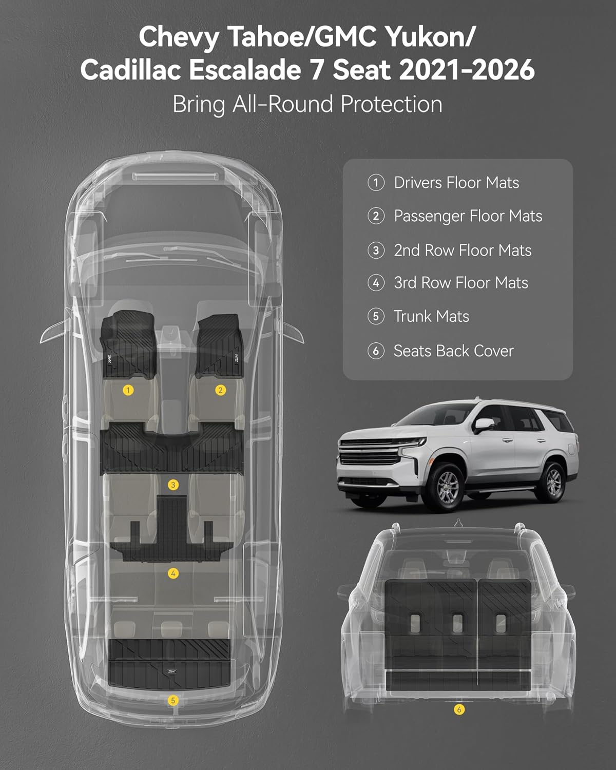 Thumbnail 2 de 3W All-Weather Floor Mats, Cargo Liner & Seat Back Mats for 2021-2026 Chevy Tahoe / GMC Yukon / Cadillac Escalade (7 Seats)