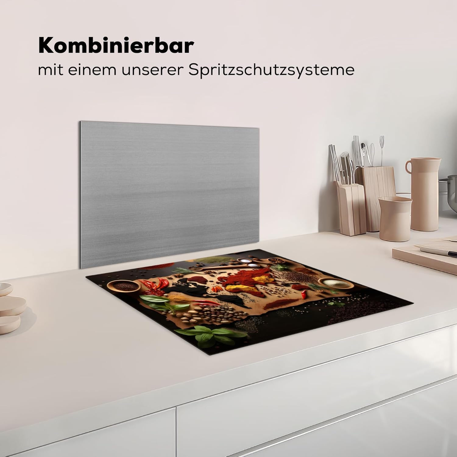 Thumbnail 6 de KitchenYeah Herdabdeckplatte Induktion - 59x51 cm Braun mit Welken-Kräuter-Weltkarte Fotodruck