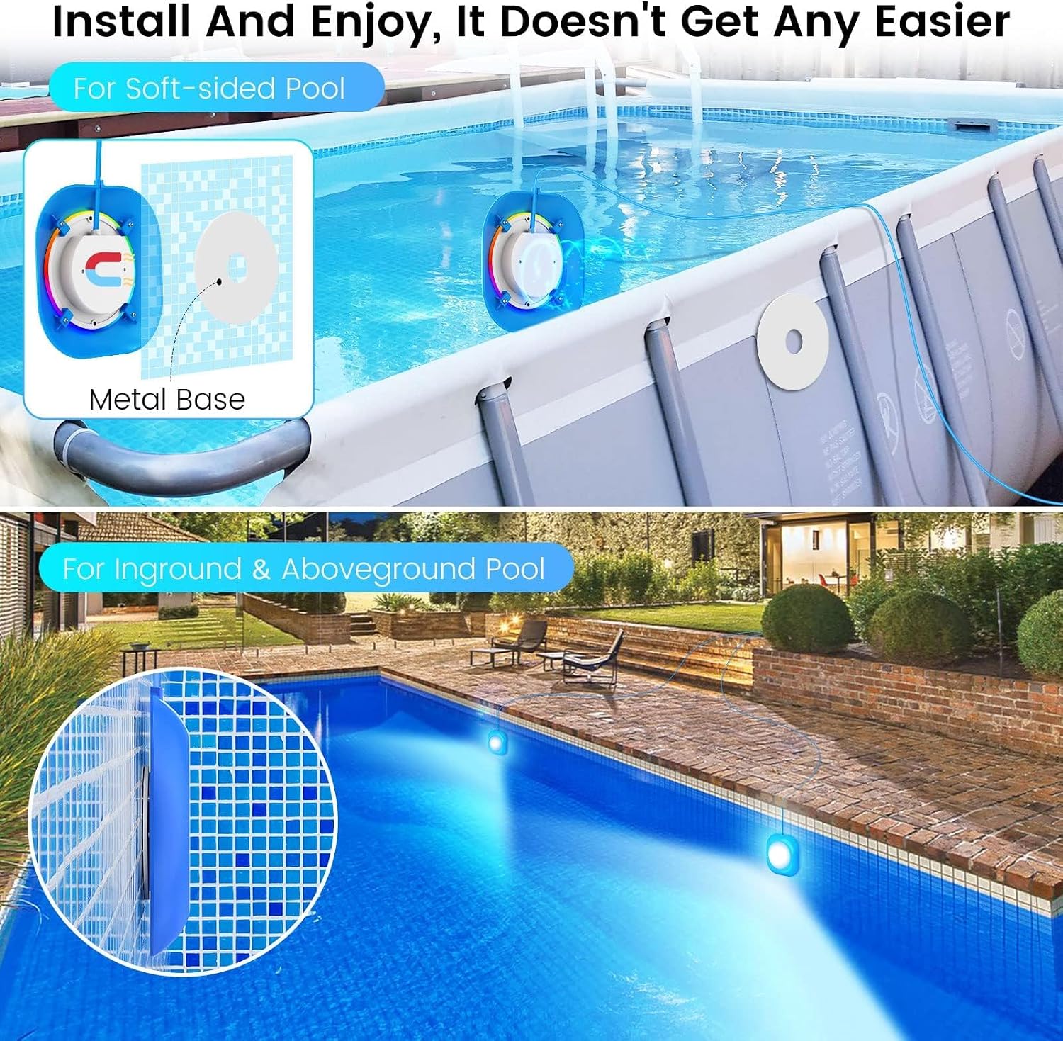Detalle de LyLmLe 20W Éclairage Piscine LED sans fil : lumière submersible 12V avec APP, contrôle dimmable et fixation magnétique