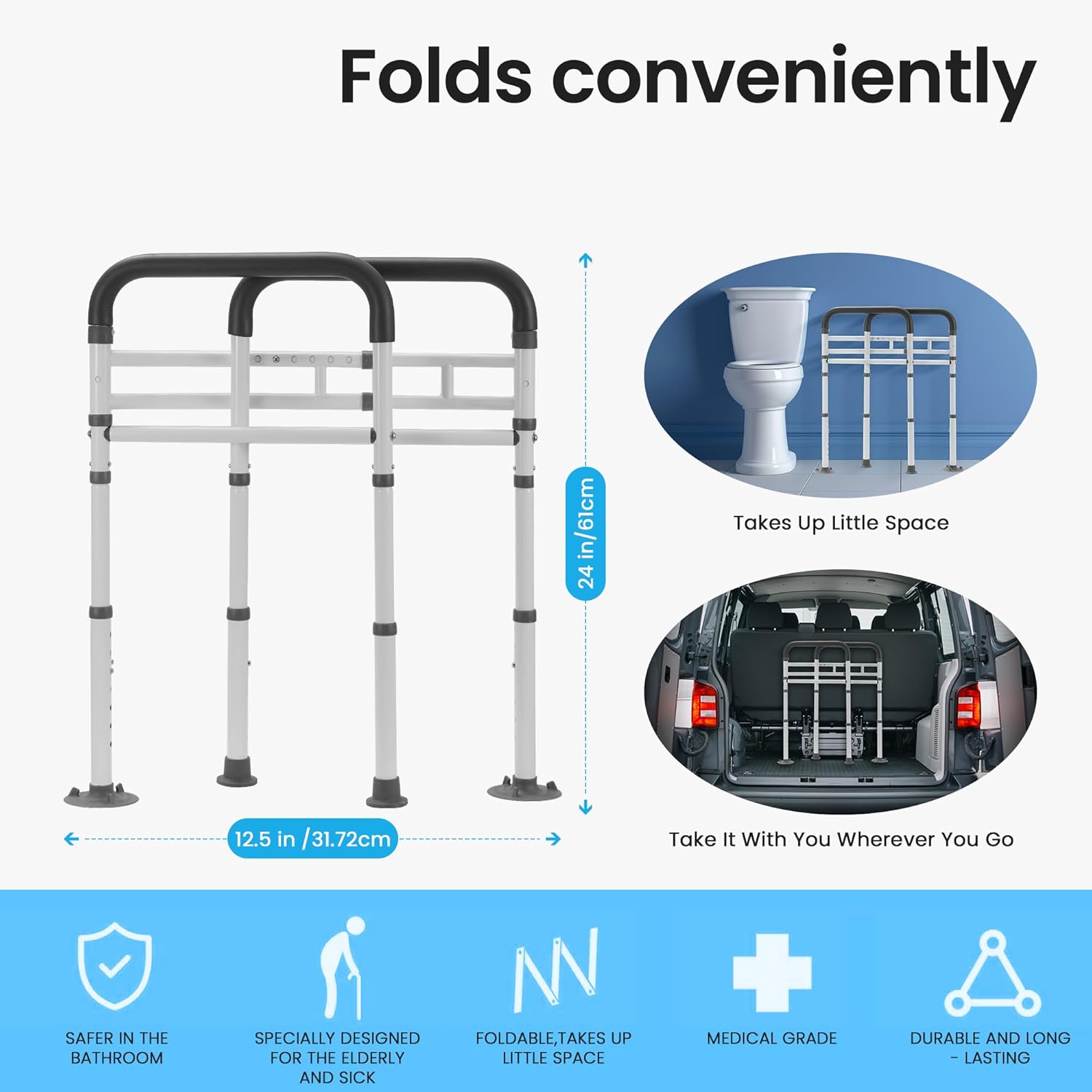 Thumbnail 5 de Careboda Toiletten-Sicherheitsgriffe mit rutschfestem Griff bis 136 kg, höhenverstellbar 43–61 cm