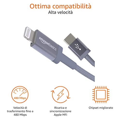 Detalle de Amazon Basics Cavo USB-C a Lightning con certificazione MFi, 1.8 m, nylon intrecciato, grigio scuro