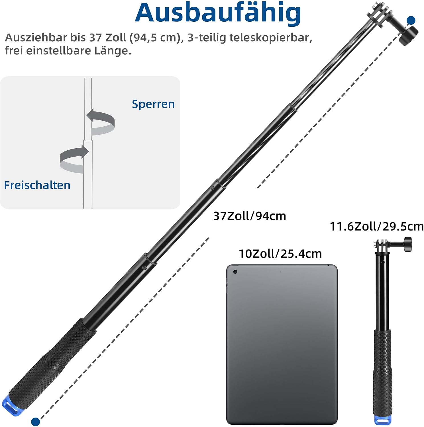 Detalle 1 de 94 cm wasserdichtes Selfie-Stick‑Ausziehstativ für GoPro und Action-Kameras