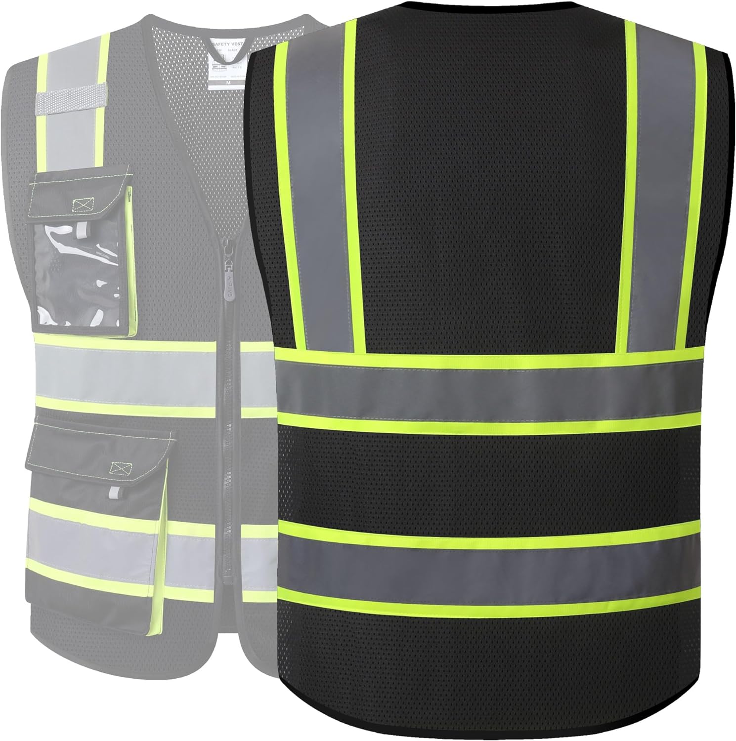 Detalle de JKSafety Hi Vis Reflective Safety Vests (220-Black L) with Mesh Fabric & Pockets