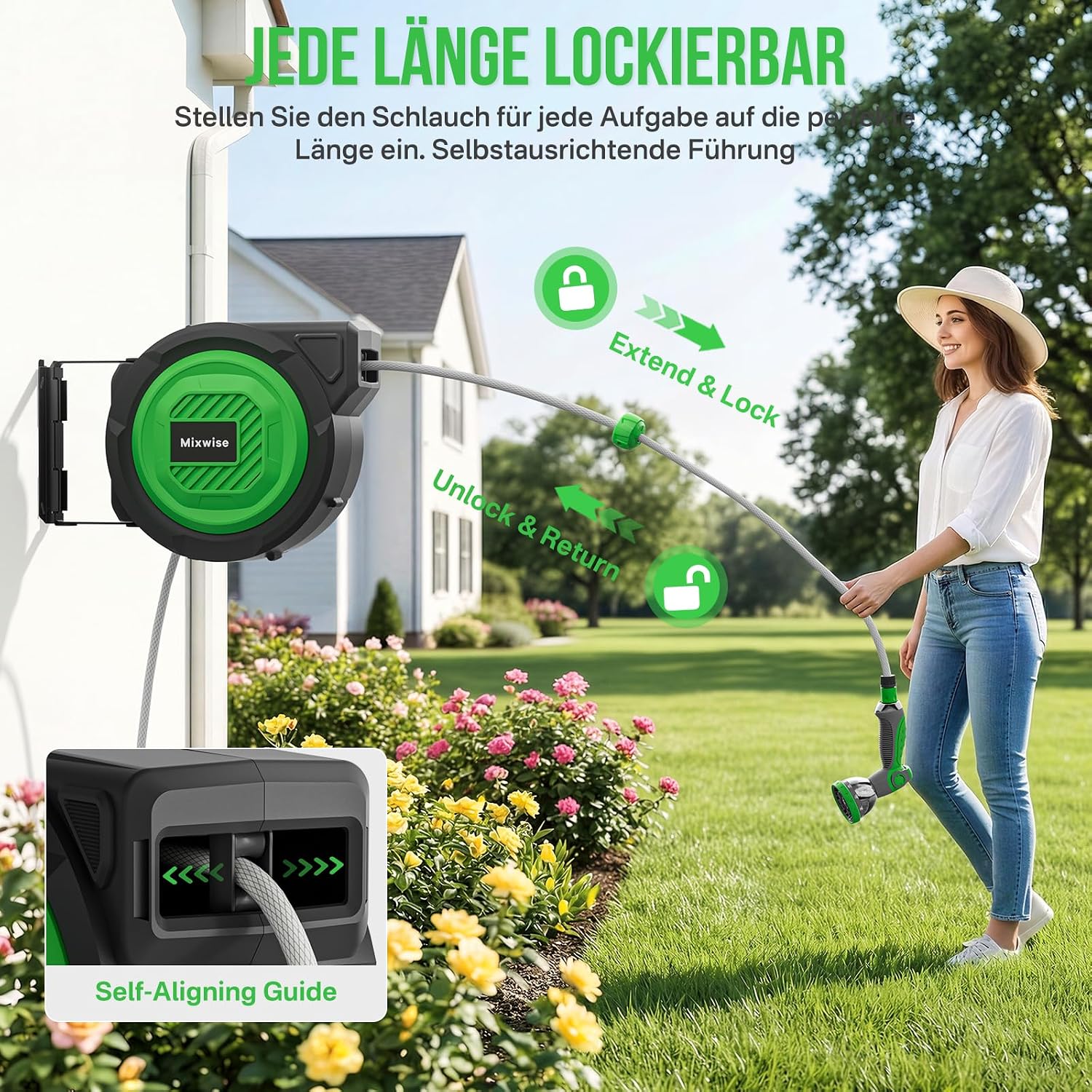 Thumbnail 3 de Schlauchtrommel Gartenschlauch RollUp mit 180° Schwenkbarem Halter, 20 m Schlauch, 10‑fache Düse und automatischem Rückzug