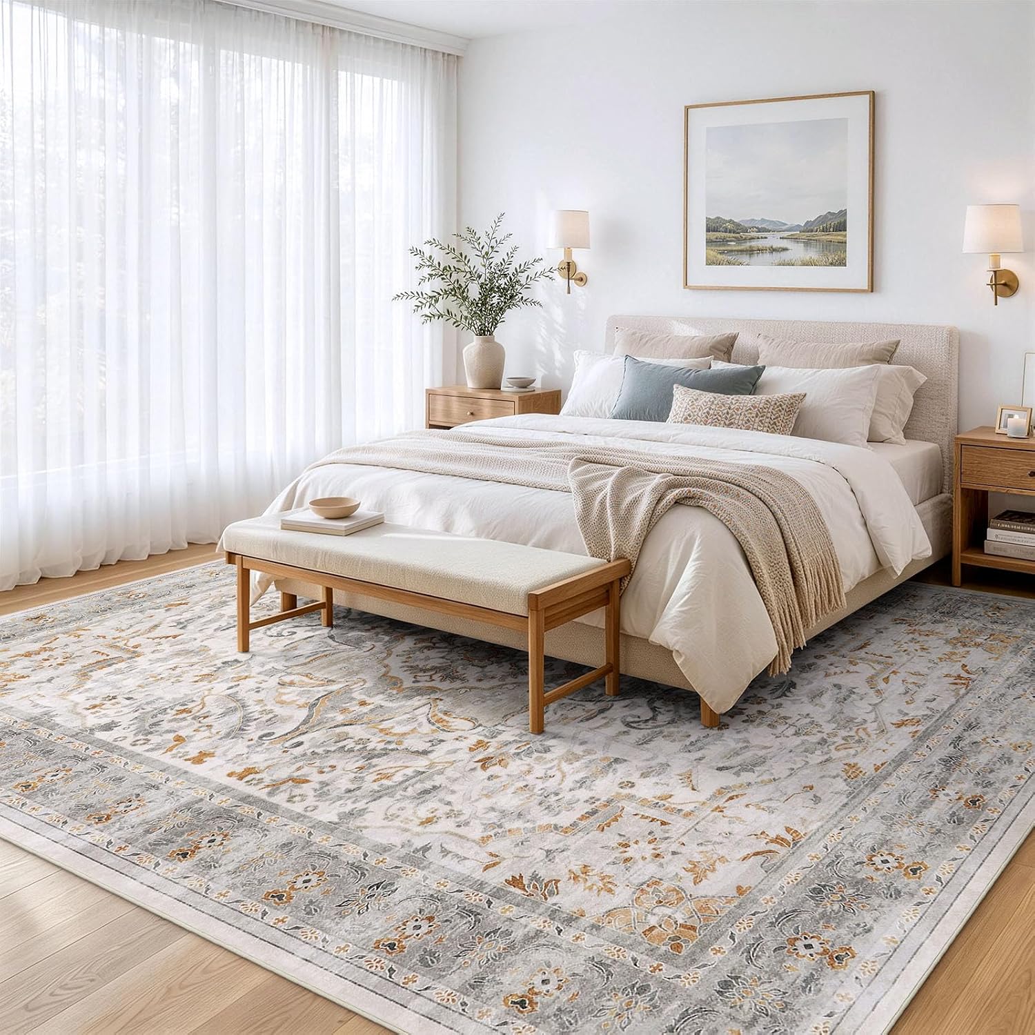 Detalle de smiry 8x10 Washable Area Rug, Taupe Floral Low-Pile Non-Slip Carpet