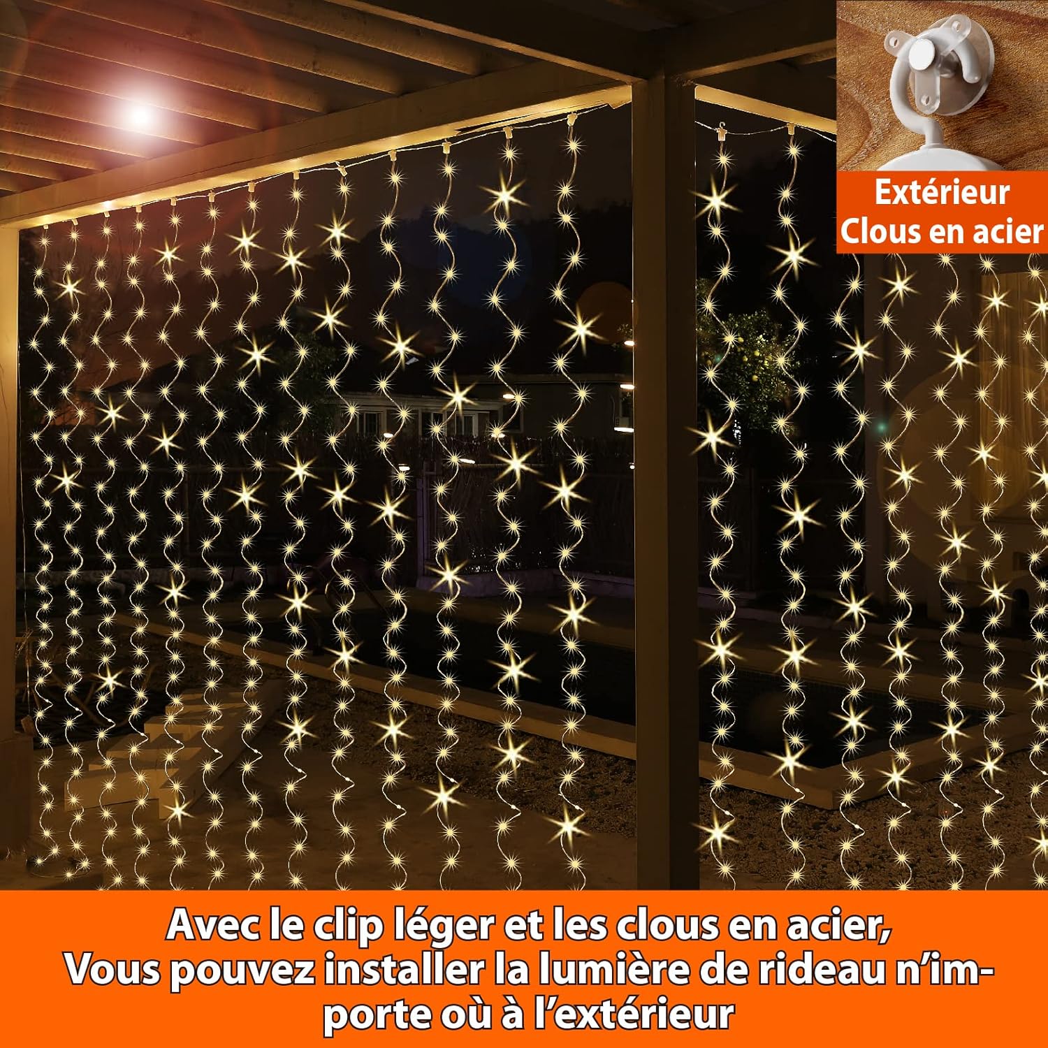 Detalle de HXWEIYE guirlande lumineuse rideau 300 LED (3 m x 3 m) blanc chaud, USB, télécommande et minuterie