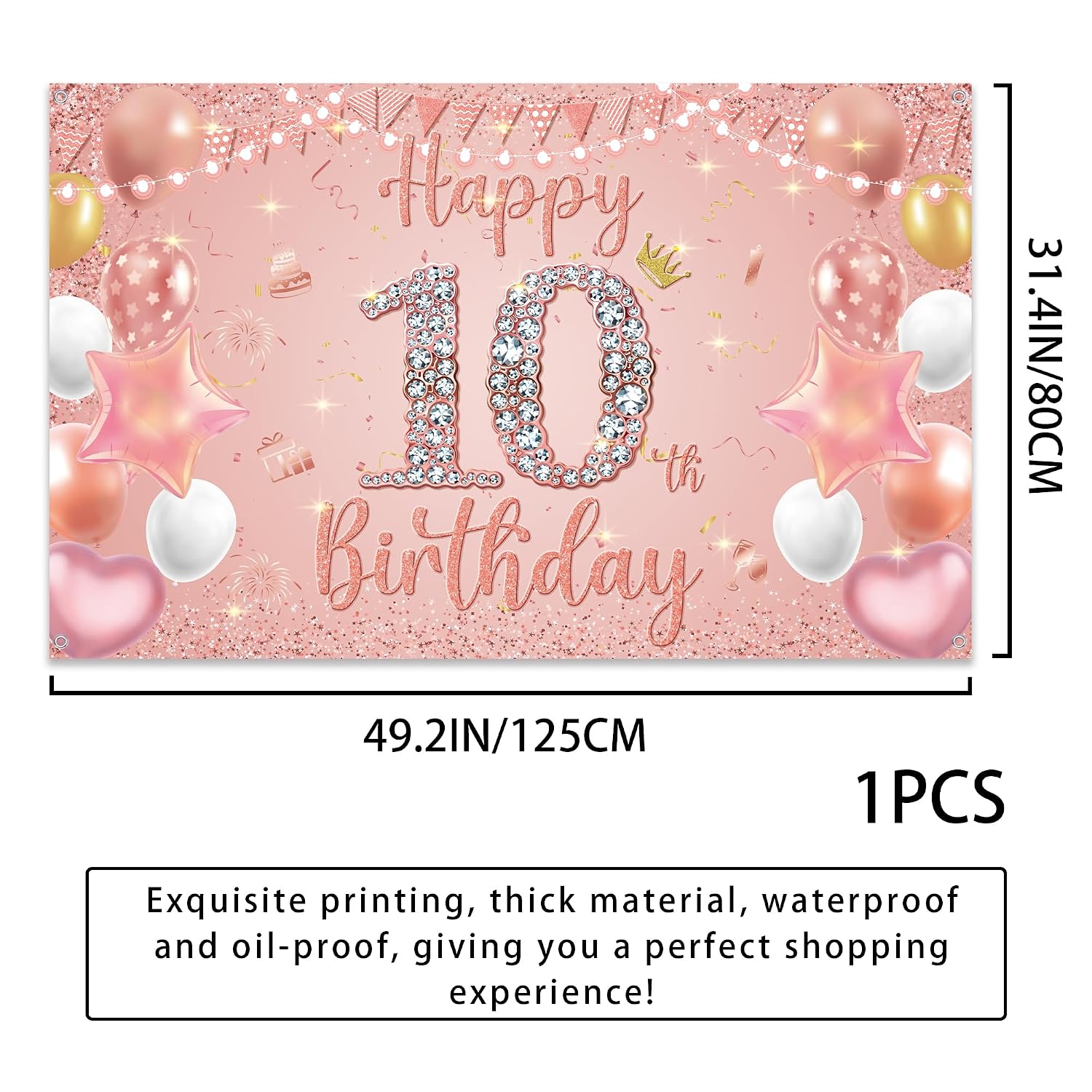 Detalle de Happy 10th Birthday Decorations Banner – Pink Rose Gold Fabric Backdrop for 10th Birthday Party