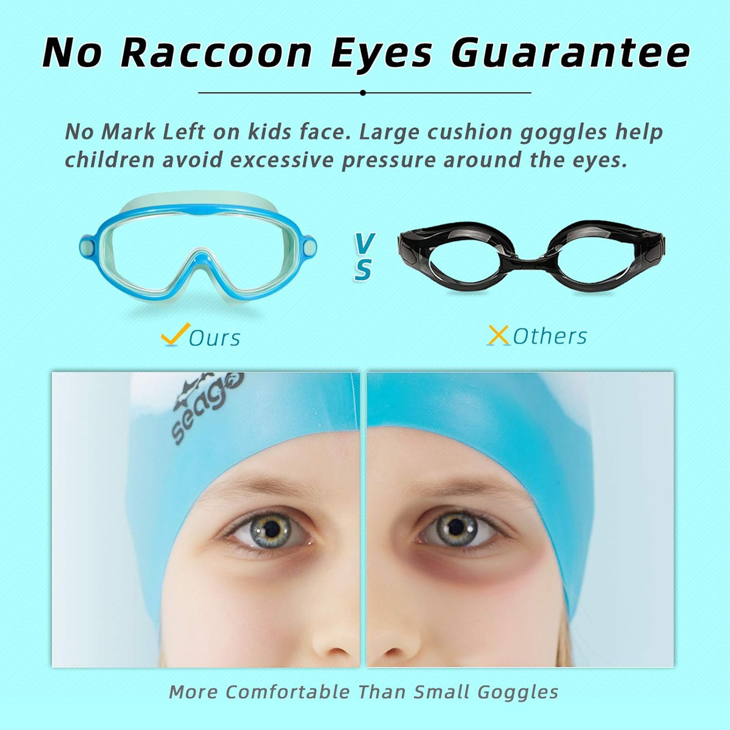 Detalle 2 de Seago Kids’ Swim Goggles for Ages 3–14, UV Protection, Anti-Fog, 180° View