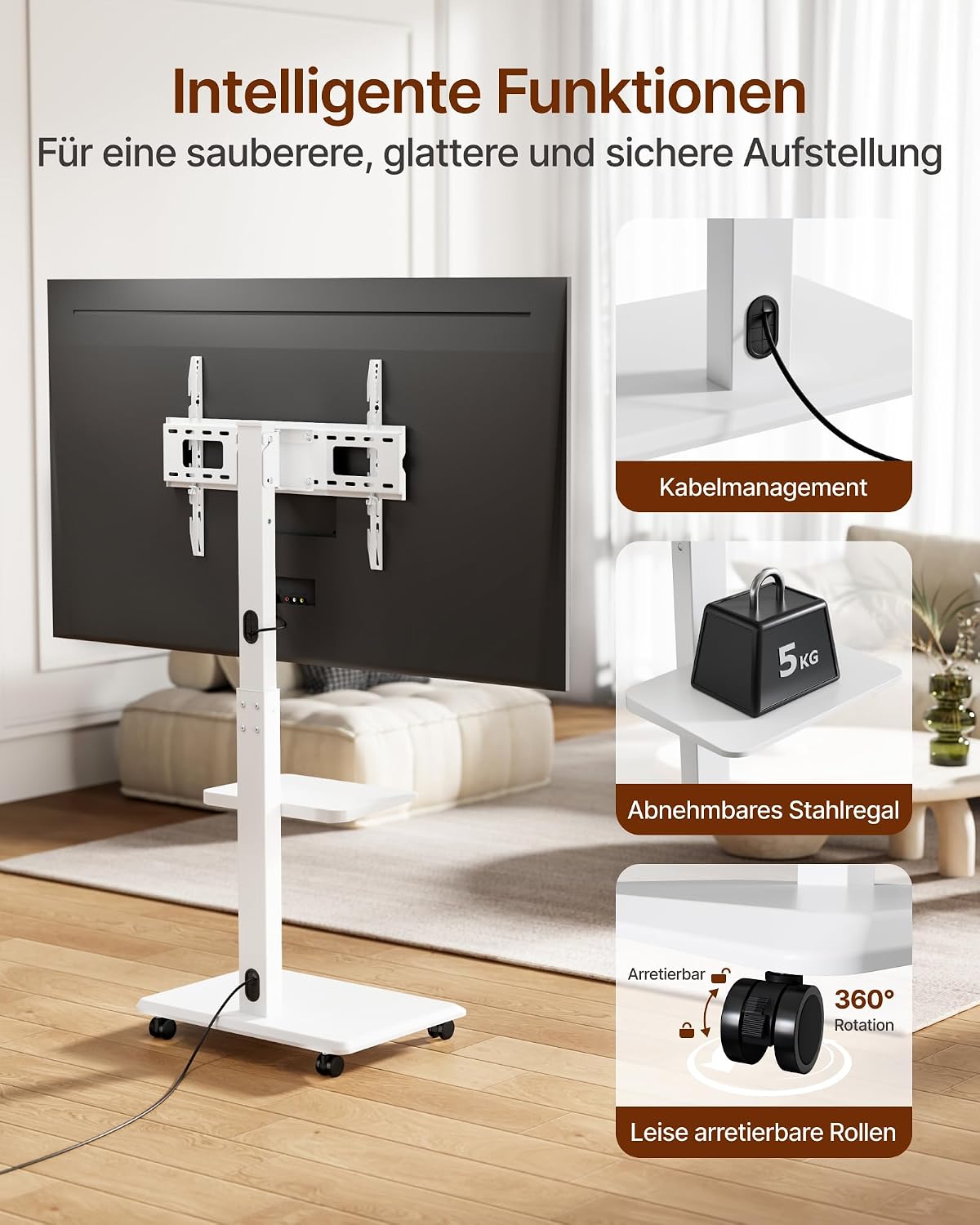 Detalle de ECOTINY TV Ständer Rollbar aus Stahl für 37–75 Zoll – höhenverstellbar, schwenkbar, neigbar, Kabelverwaltung, Weiß