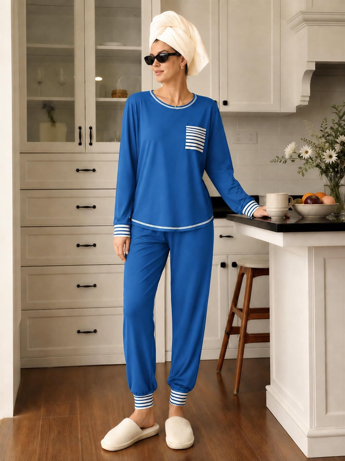 Detalle de SWOMOG Women's Modal Pajama Set with Long-Sleeve Top and Long Pants