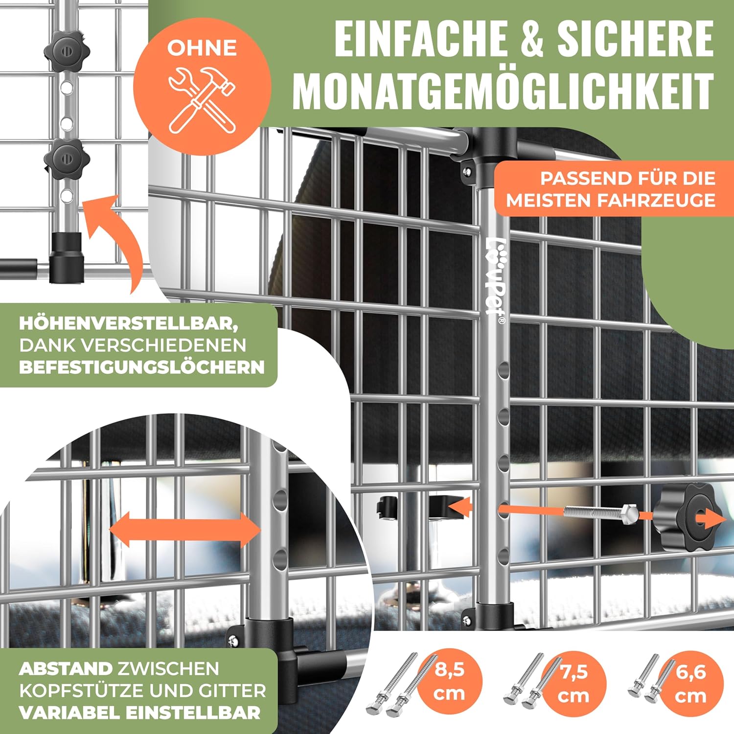 Thumbnail 2 de LOVPET® Hundegitter Auto Kofferraum – verstellbares Trenngitter 92–152 cm (ohne Bohren) inkl. 2 Sicherheitsgurten, grau