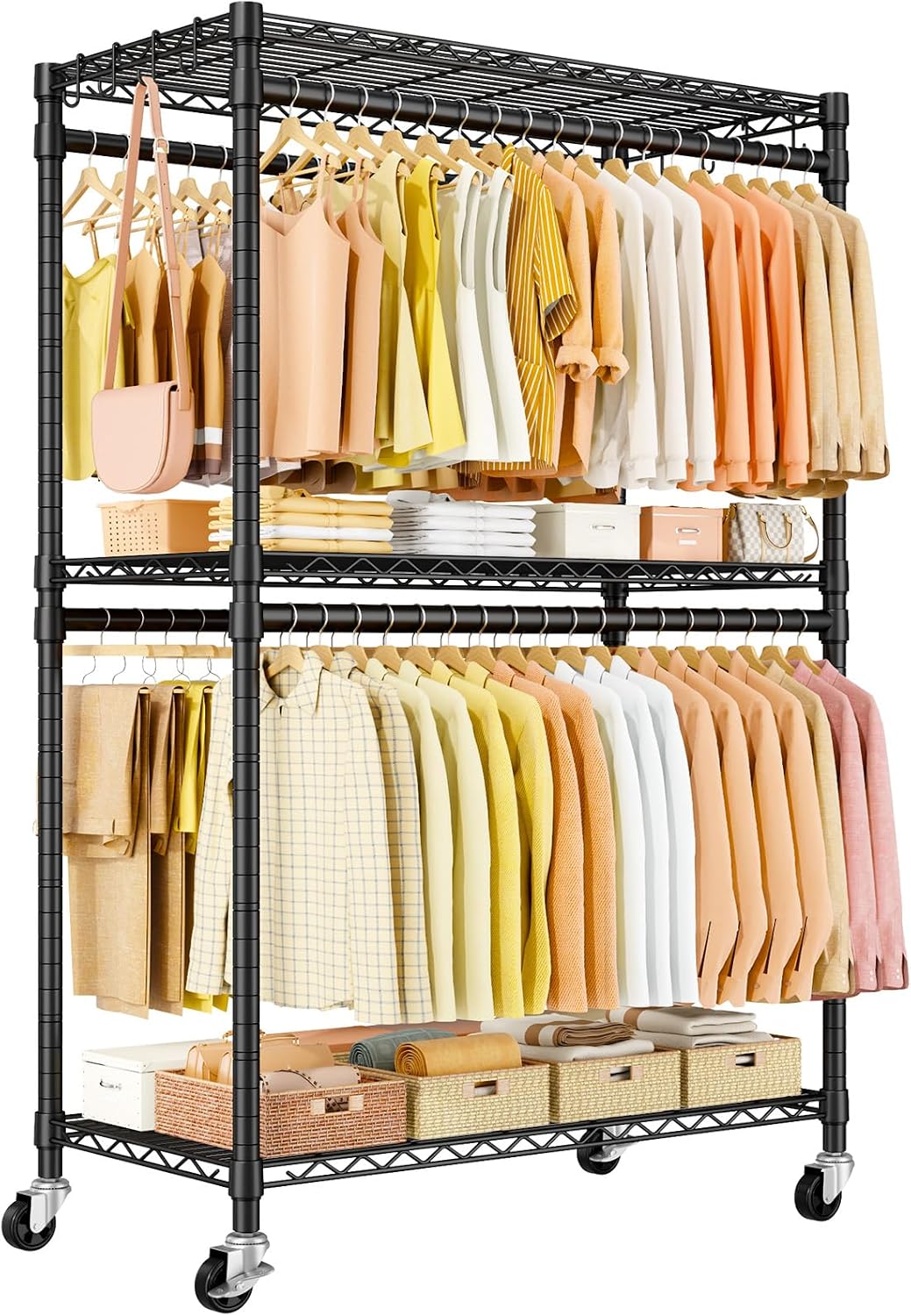 Detalle de ULIFHOME P5 Rolling Clothes Rack, 3 Adjustable Shelves, 4 Hanging Rods