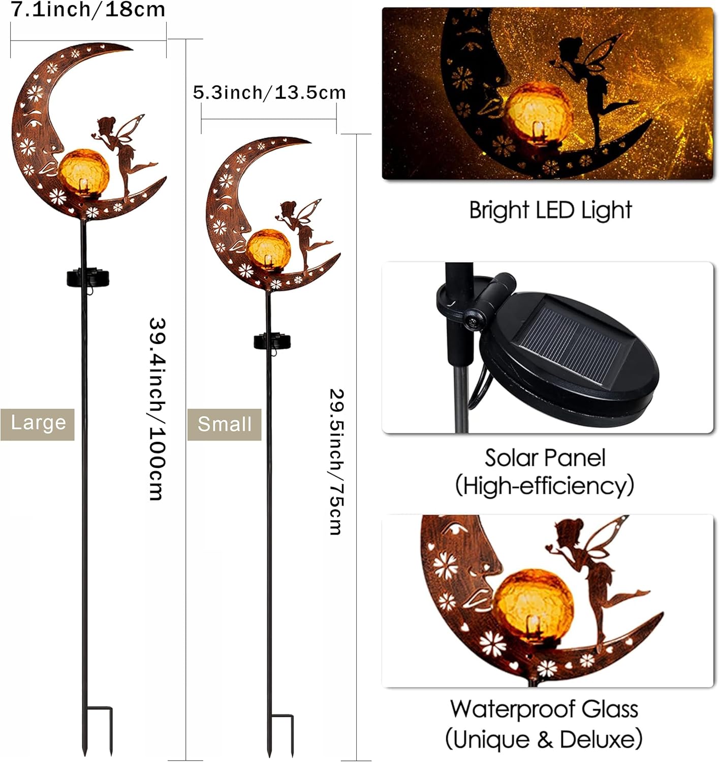 Thumbnail 4 de TERESA'S COLLECTIONS 100cm High Moon Solar Lights Outdoor Garden Fairy Stake with Warm LED & Crackle Glass Ball