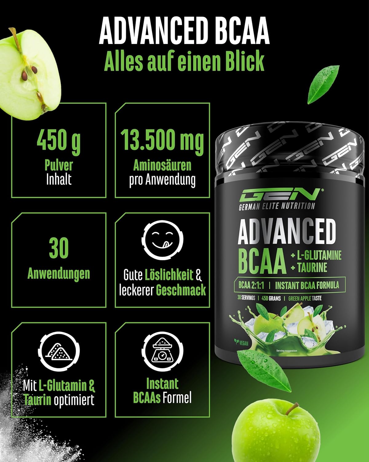 Thumbnail 1 de Advanced BCAA Pulver 450 g – 2:1:1 Aminosäuren mit L-Glutamin & Taurin, Sweet Apple