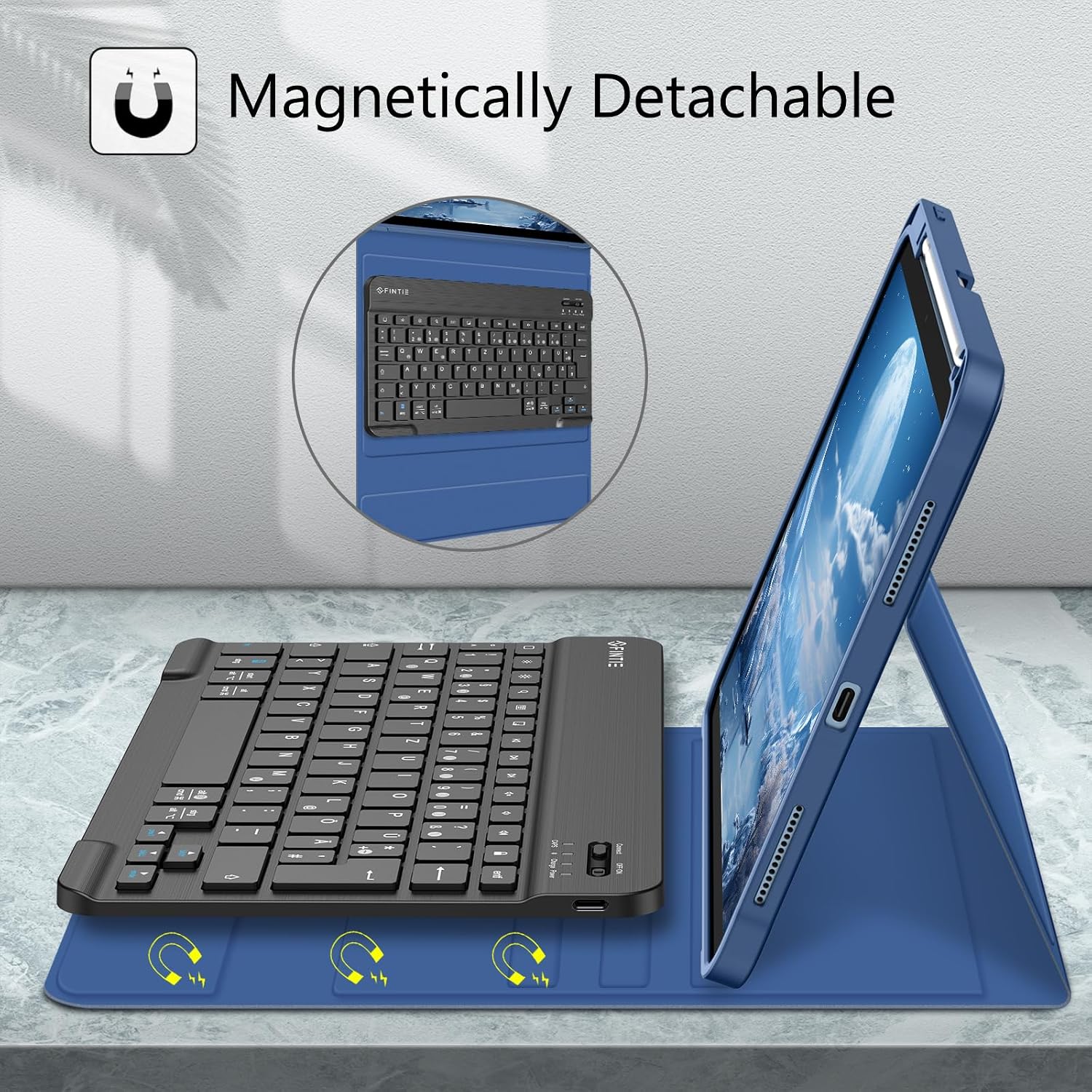 Detalle de FINTIE Tastaturhülle für iPad (A16) 11/10.9 Zoll mit abnehmbarer QWERTZ-Tastatur, Navy Blau