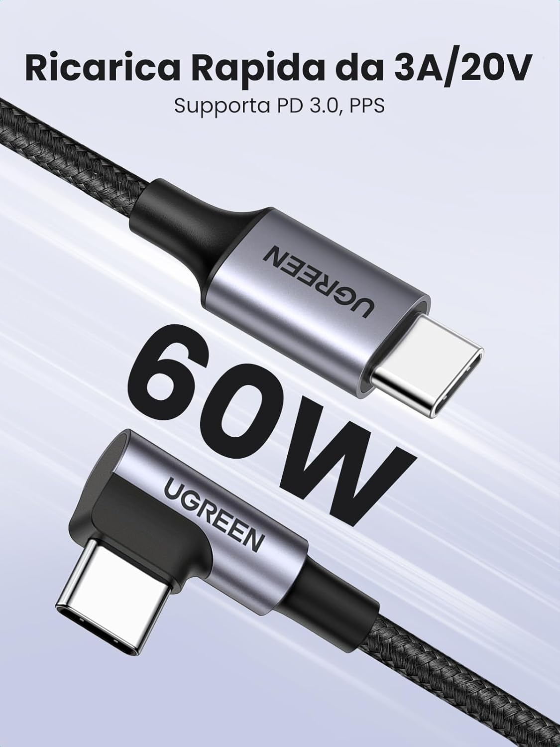 Thumbnail 1 de UGREEN Cavo USB-C 60W 90 gradi con PD 3.0 (2 m) per ricarica rapida e trasferimento dati