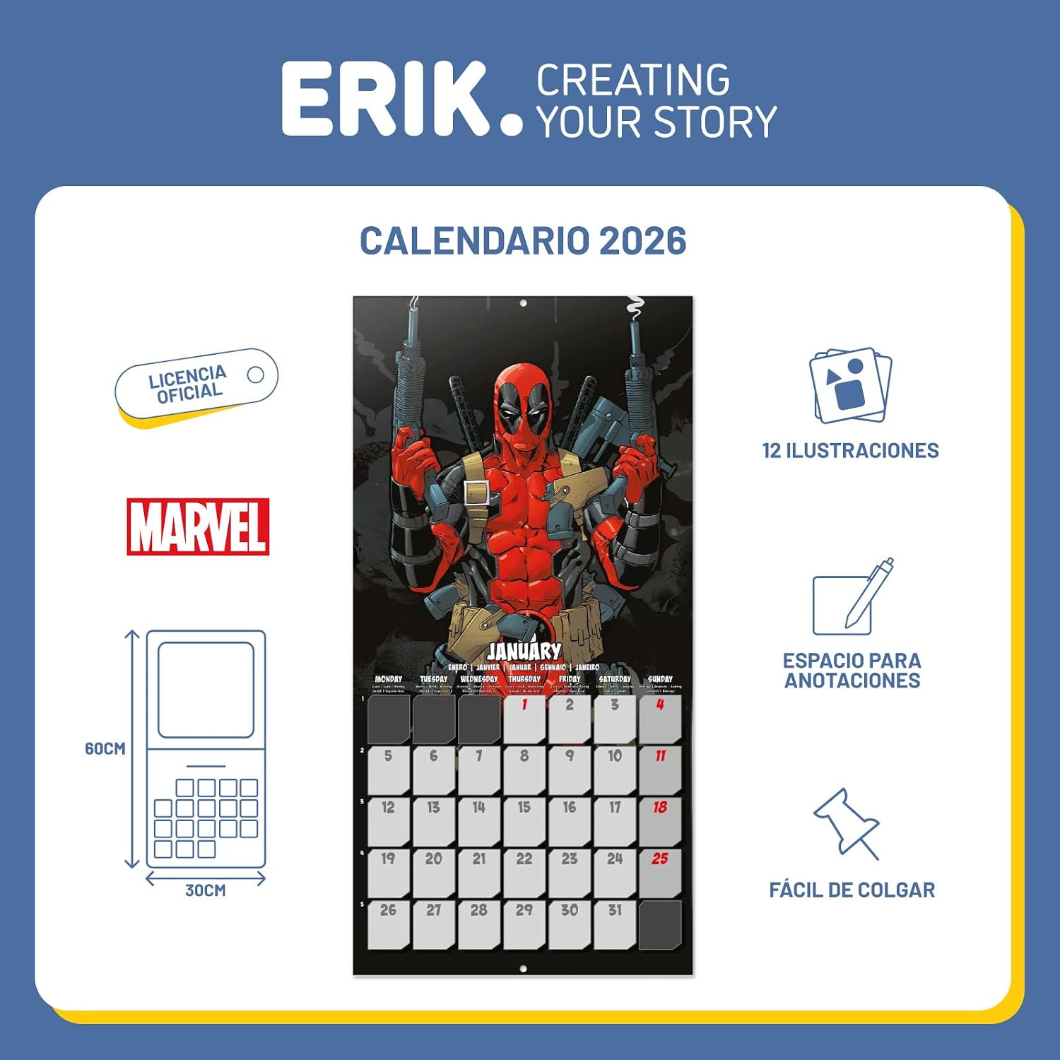 Detalle de Grupo Erik Calendario 2026 Deadpool 30x30 cm 🗓