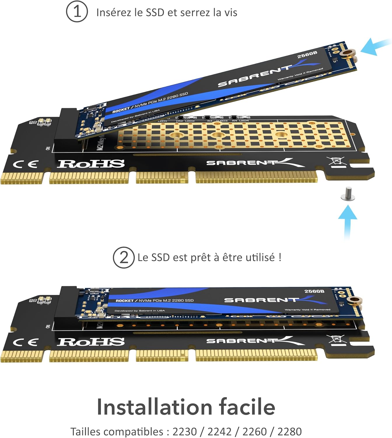 Detalle de SABRENT Adaptateur M.2 NVMe vers PCIe 3.0 x16/x8/x4 avec dissipateur et tampon thermique (EC-PCIE)