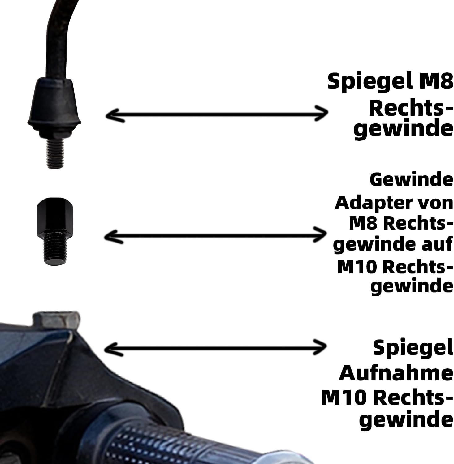 Detalle 2 de AMZSKU M8 naar M10 spiegeladapter voor motorfiets, rechte schroefdraad, set van 2