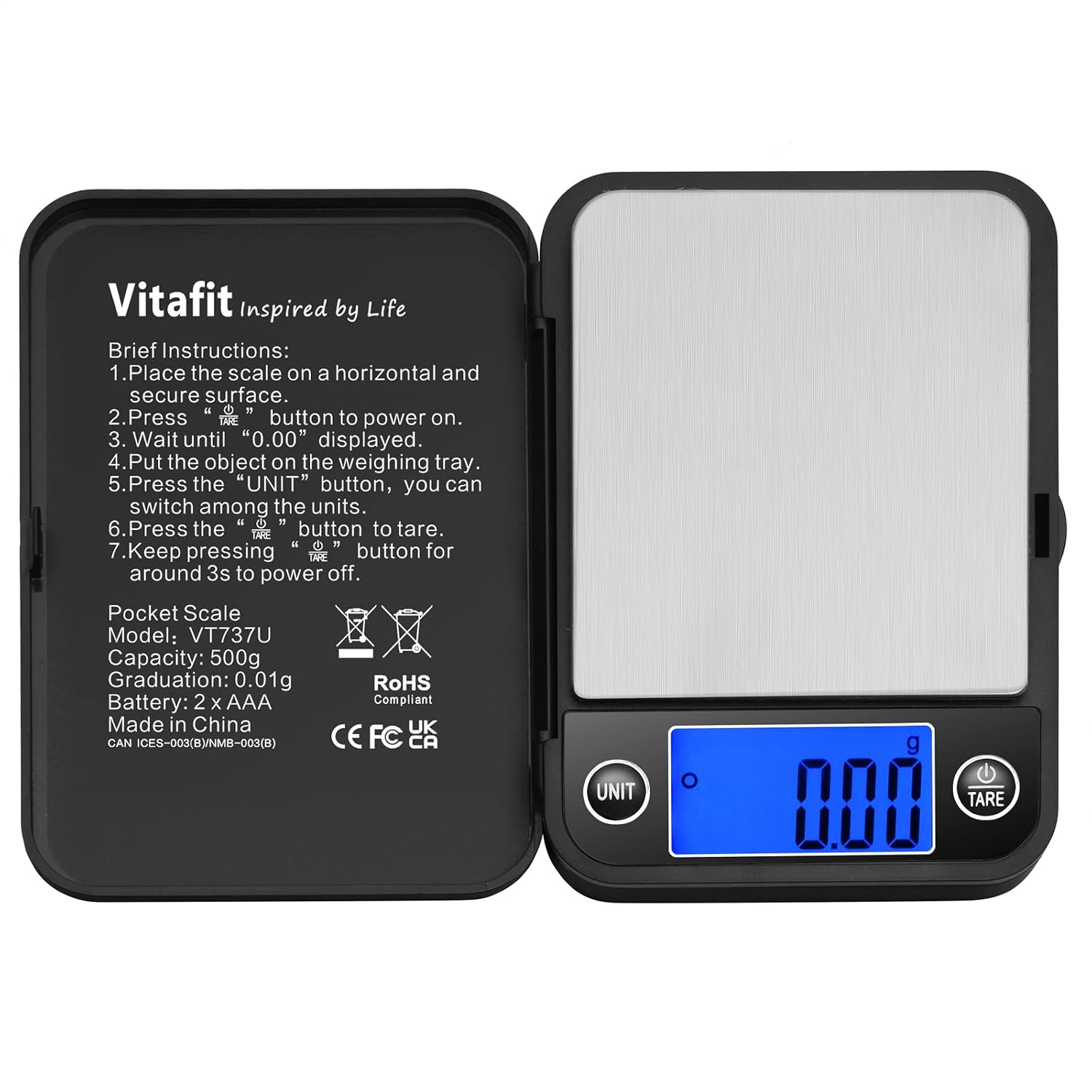 Detalle de Vitafit VT737 digitale zakweegschaal, 500 g, nauwkeurig tot 0,01 g