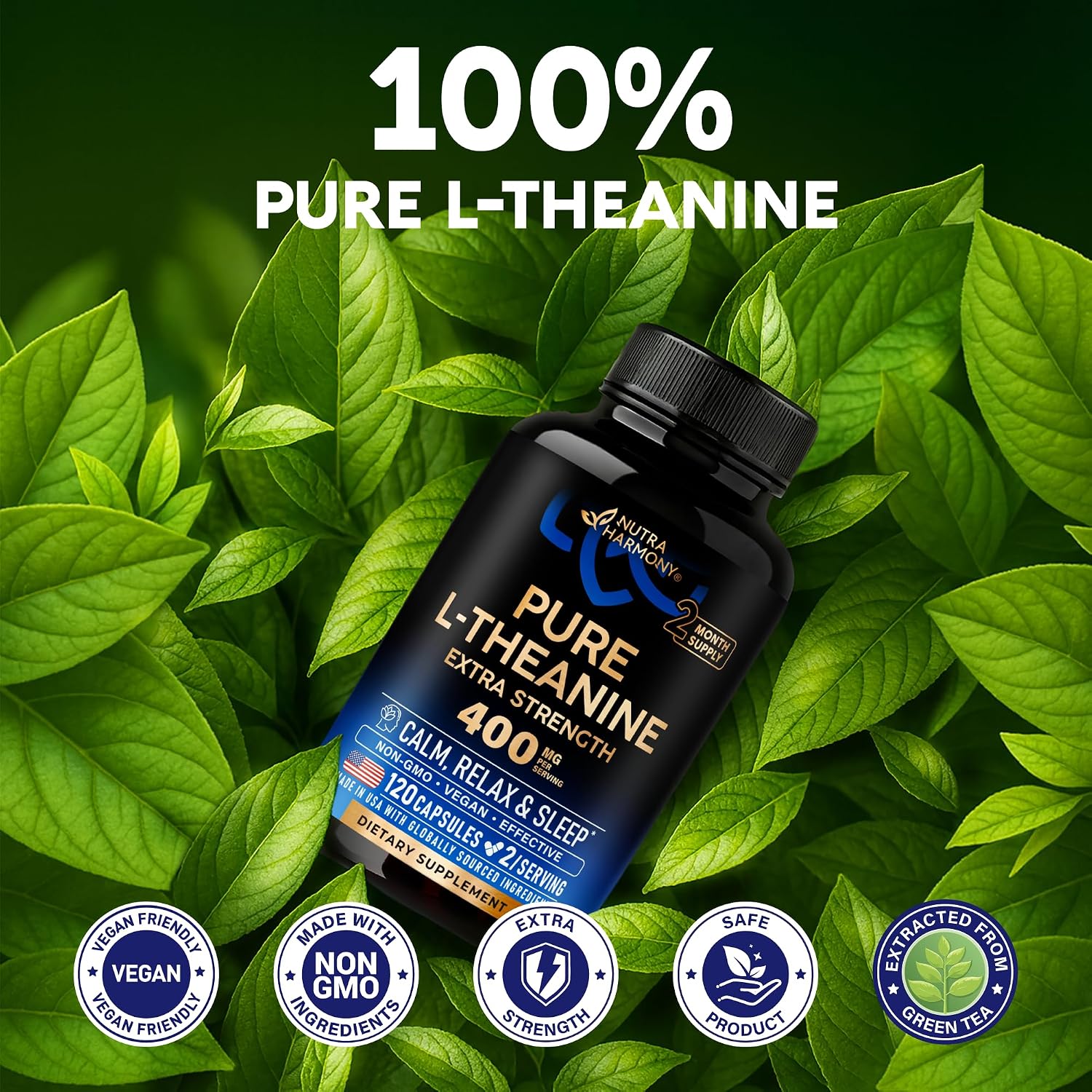 Thumbnail 6 de NUTRAHARMONY 5 L-Theanine 400 mg, 120-Capsule Vegan Supplement