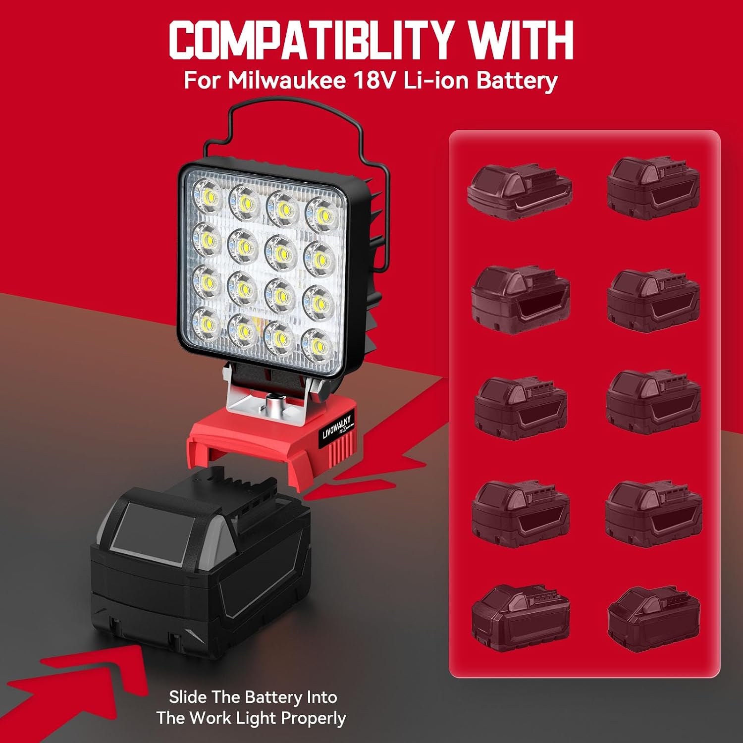 Thumbnail 6 de Lampada LED Ricaricabile LIVOWALNY 48W 4800LM per batterie Milwaukee 18V con doppio interruttore (USB-C/Type-C, senza batteria)