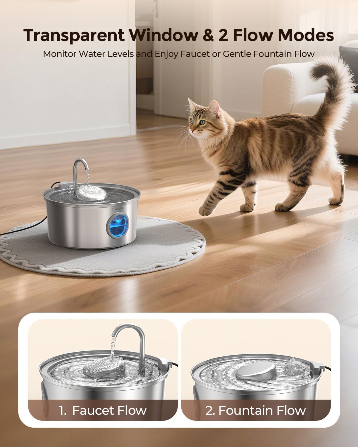 Thumbnail 5 de Invengo Katzenbrunnen aus Edelstahl 3,2 l – Ultra-leiser Trinkbrunnen mit Wasserstandsanzeige & 5-fach Filtersystem (inkl. 4 Ersatzfilter)