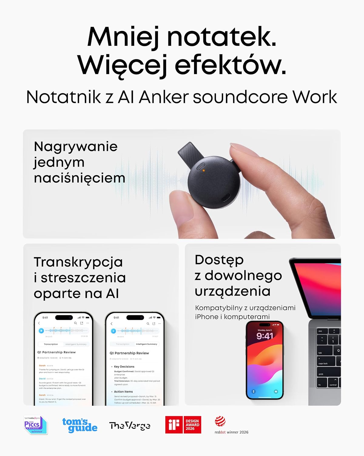 Detalle de soundcore Work Anker – przenośny dyktafon 64 GB z USB-C i transkrypcją AI