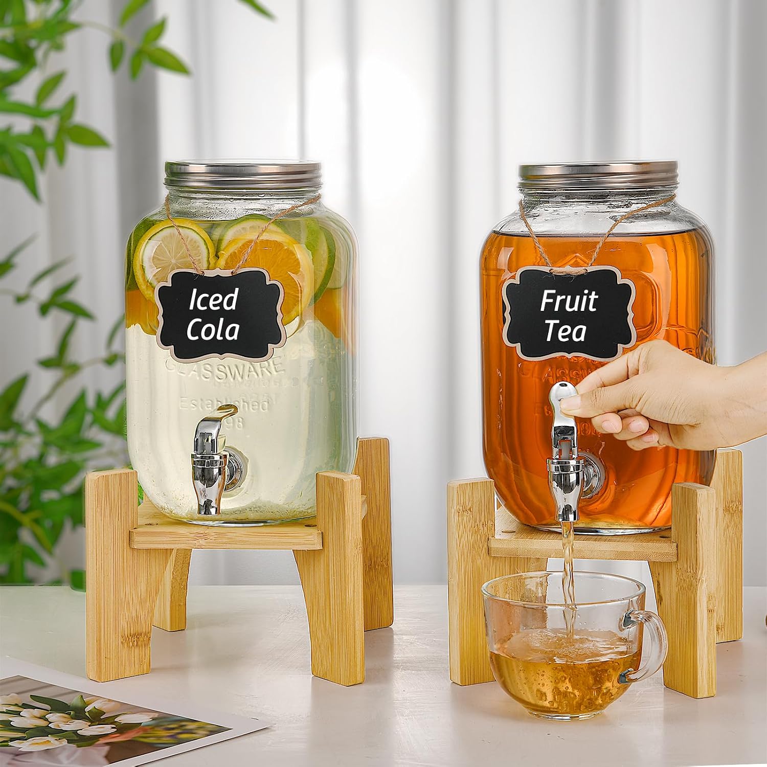 Detalle de Hisredsun Getränkespender 2 x 4L mit Ständer – Glas-Getränkespender mit Hahn