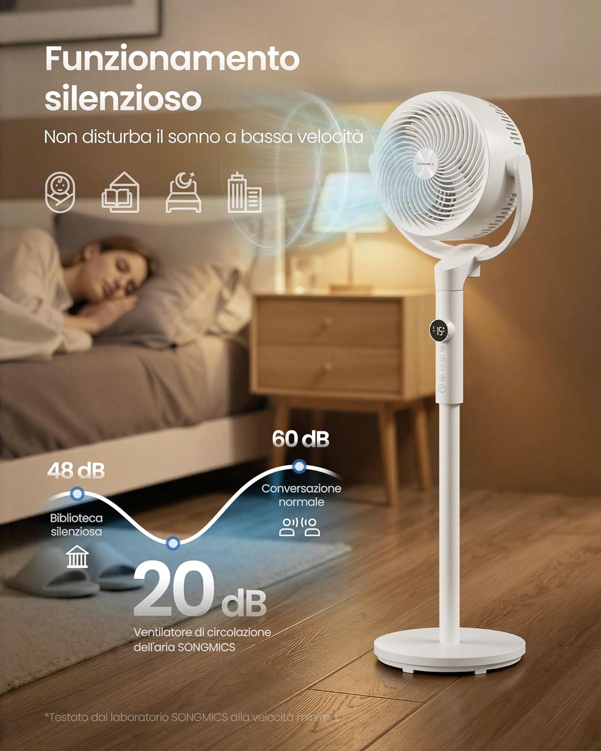 Detalle 2 de SONGMICS Ventilatore a Piantana XFC002W1EU: silenzioso, versatile e regolabile per ogni stanza