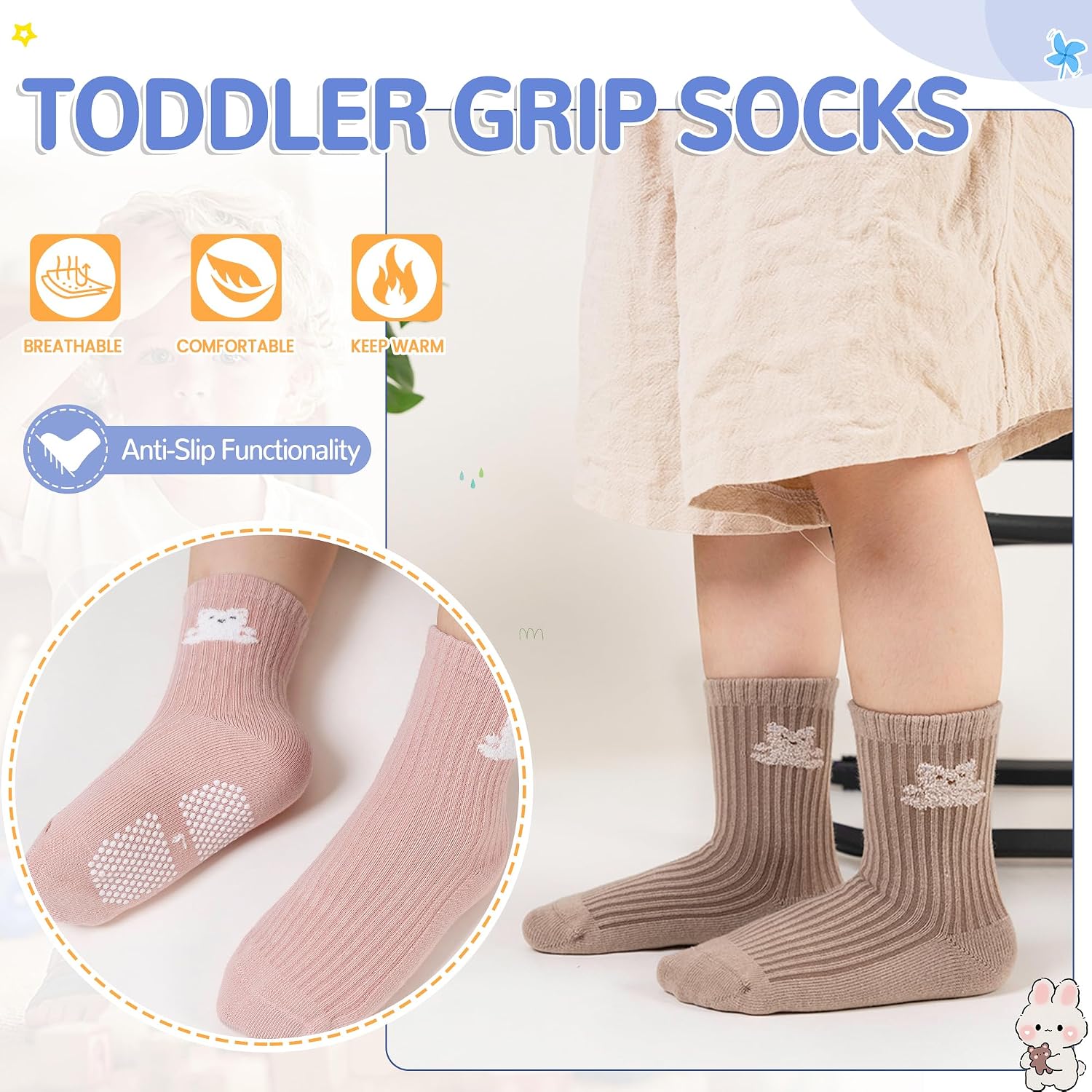 Detalle de SEEYAN Baby Non Slip Socks Toddler Crew Socks with Grips – 9 Pairs